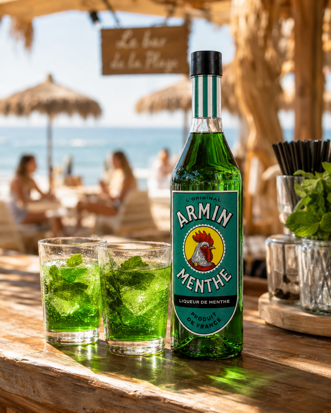 Bouteille d'Armin Menthe au bar, verres de liqueur de menthe